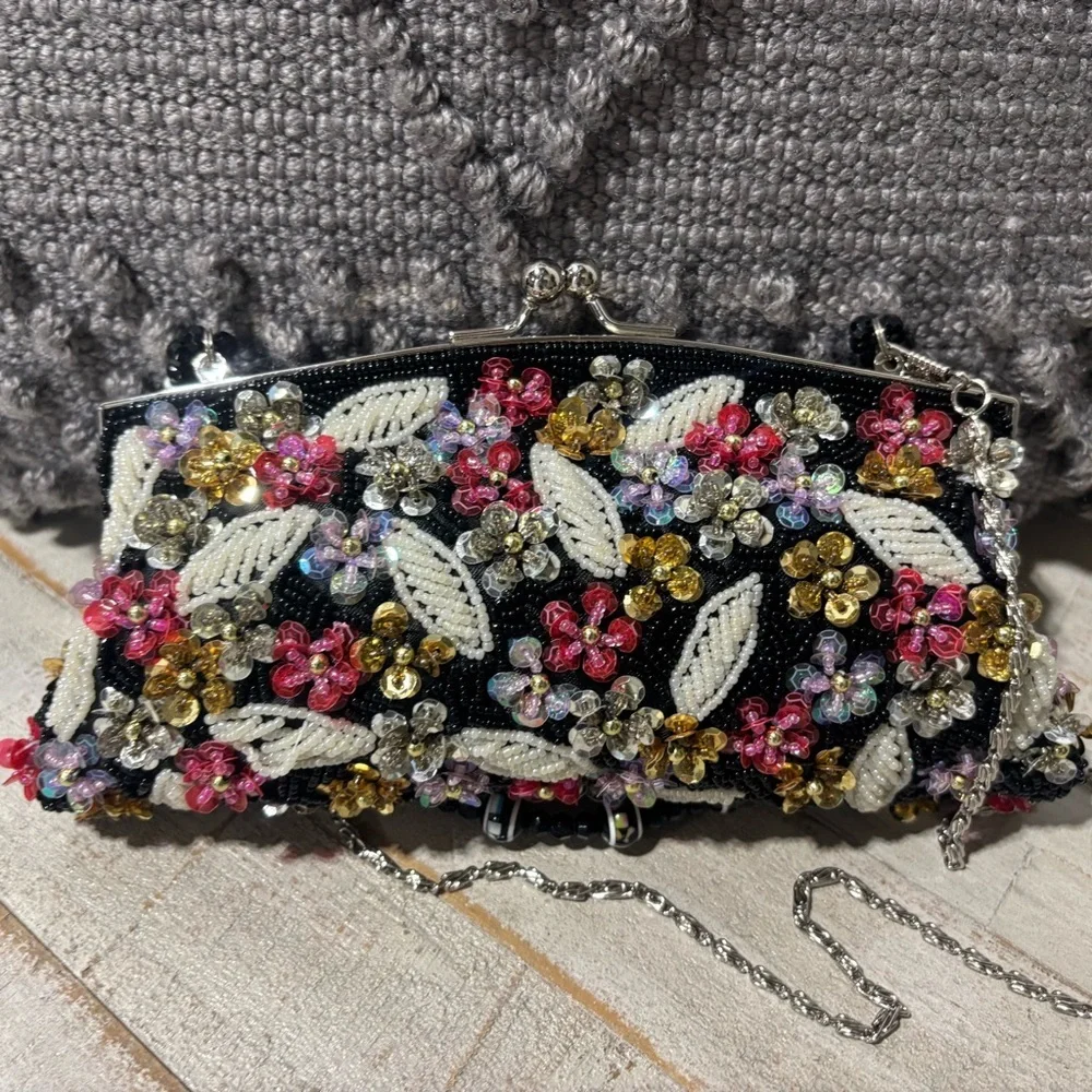 Vintage❤️Hand-Beaded Floral Hand/Crossbody Evening Bag - Picture 1 of 8